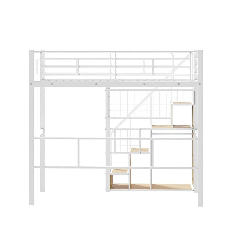 Metall-Hochbett mit Stauraumtreppe und kleinem Kleiderschrank, Hochbettgestell in Twin-Größe mit Metallgitter und Schutzgittern für Kinder