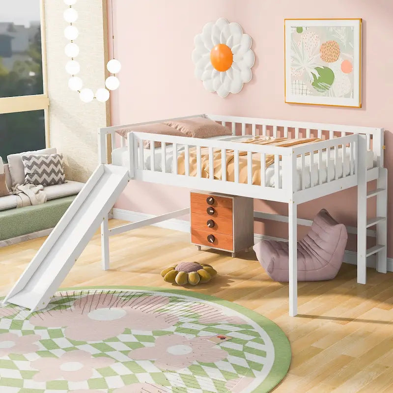 Letto rialzato basso matrimoniale con scala e scivolo rimovibile