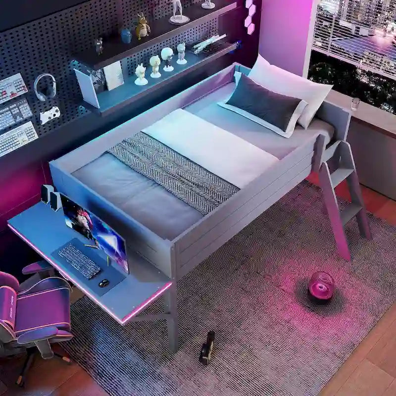 Lit mezzanine 1 personne en bois pour jeux vidéo avec bureau LED