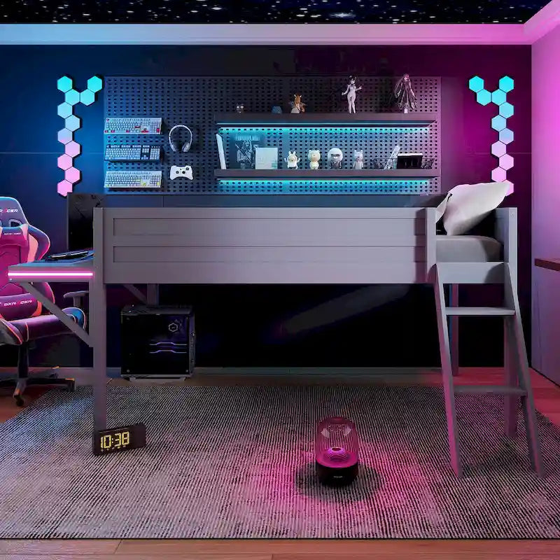 Hochbett aus Holz in Twin-Größe zum Gaming mit LED-Schreibtisch