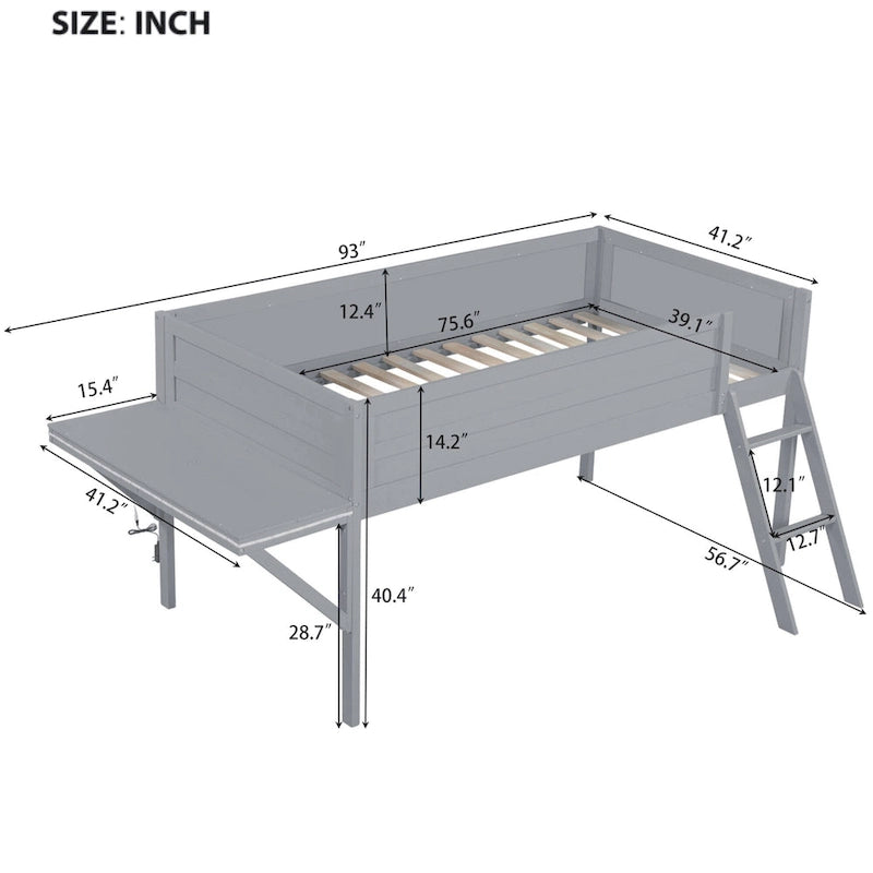 Lit mezzanine 1 personne en bois pour jeux vidéo avec bureau LED