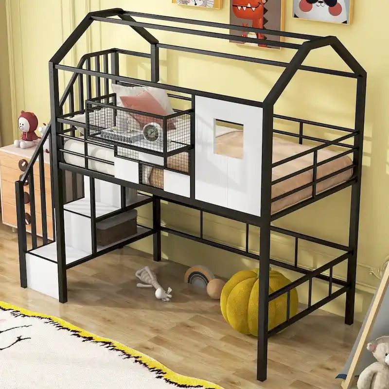 Metall-Hochbett in Twin-Größe mit Dachdesign, hausförmigem Treppen-Bettgestell