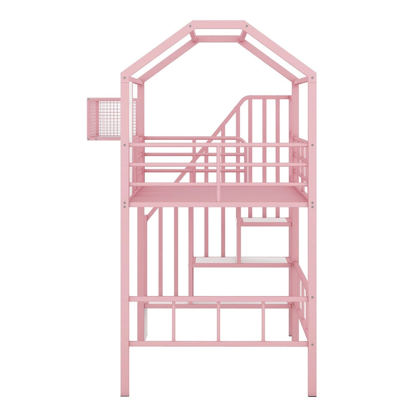 Metall-Hochbett in Twin-Größe mit Dachdesign, hausförmigem Treppen-Bettgestell
