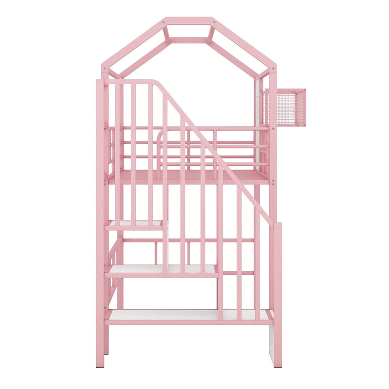 Metall-Hochbett in Twin-Größe mit Dachdesign, hausförmigem Treppen-Bettgestell