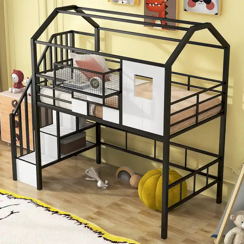 Metall-Hochbett in Twin-Größe mit Dachdesign, hausförmigem Treppen-Bettgestell