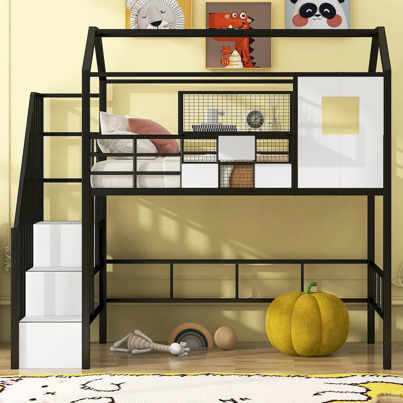 Metall-Hochbett in Twin-Größe mit Dachdesign, hausförmigem Treppen-Bettgestell