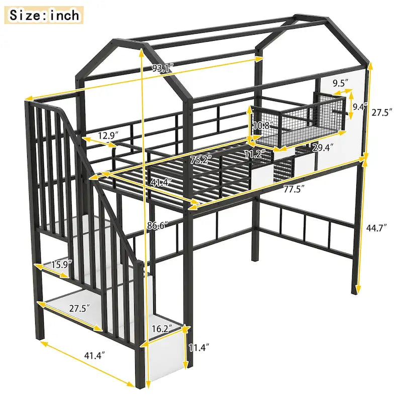 Metall-Hochbett in Twin-Größe mit Dachdesign, hausförmigem Treppen-Bettgestell