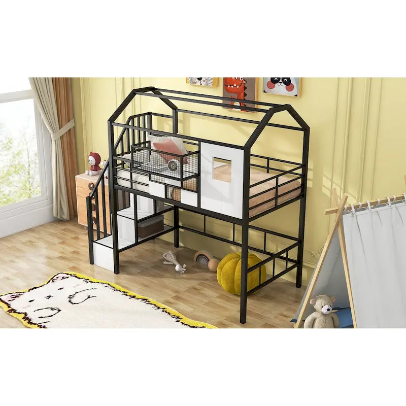 Metall-Hochbett in Twin-Größe mit Dachdesign, hausförmigem Treppen-Bettgestell