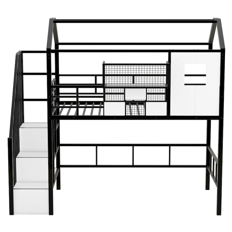 Metall-Hochbett in Twin-Größe mit Dachdesign, hausförmigem Treppen-Bettgestell