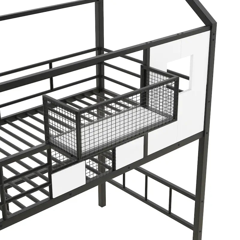 Metall-Hochbett in Twin-Größe mit Dachdesign, hausförmigem Treppen-Bettgestell