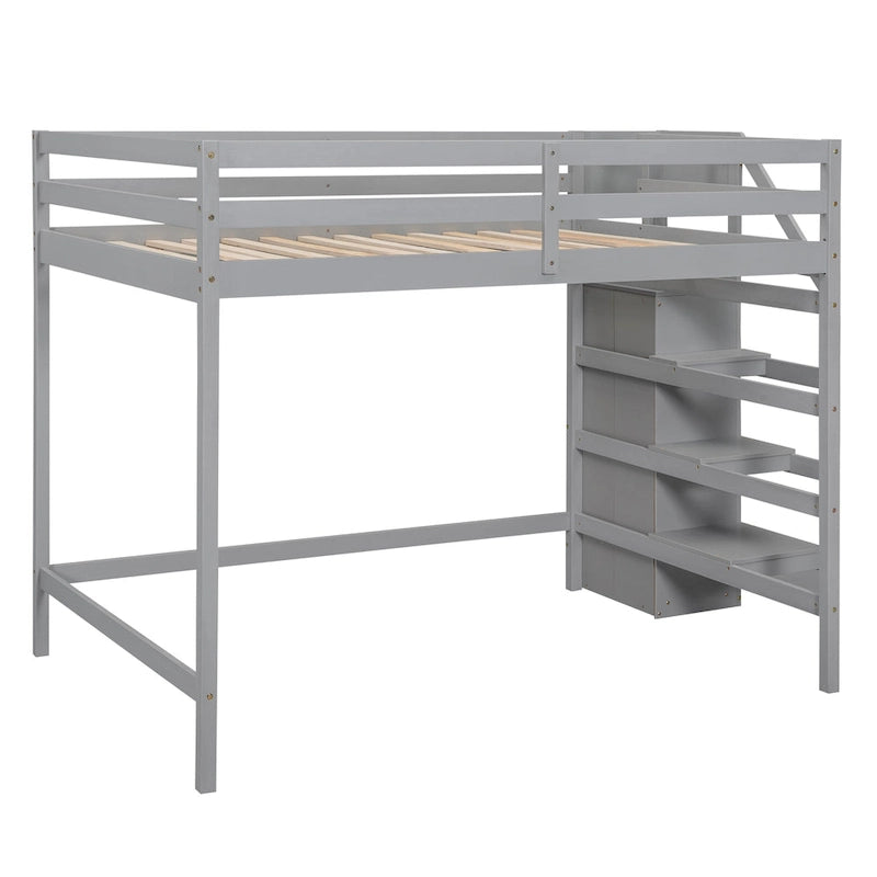 Full Size Loft Bed with Built-in Storage Wardrobe and Staircase