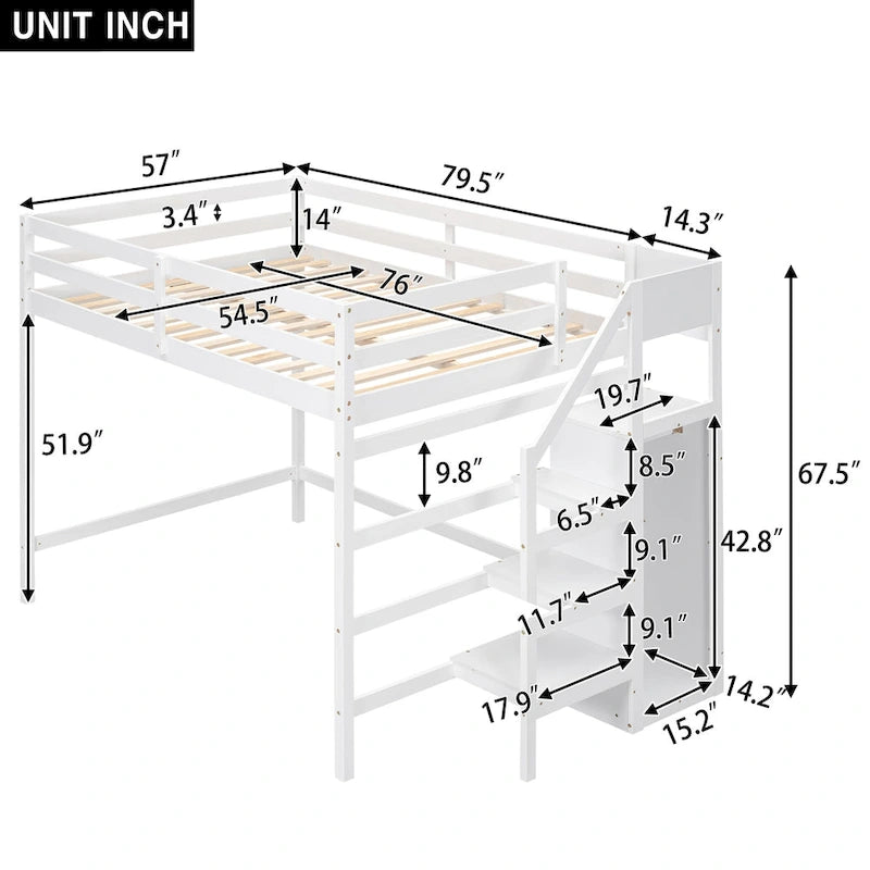 Hochbett in voller Größe mit integriertem Kleiderschrank und Treppe