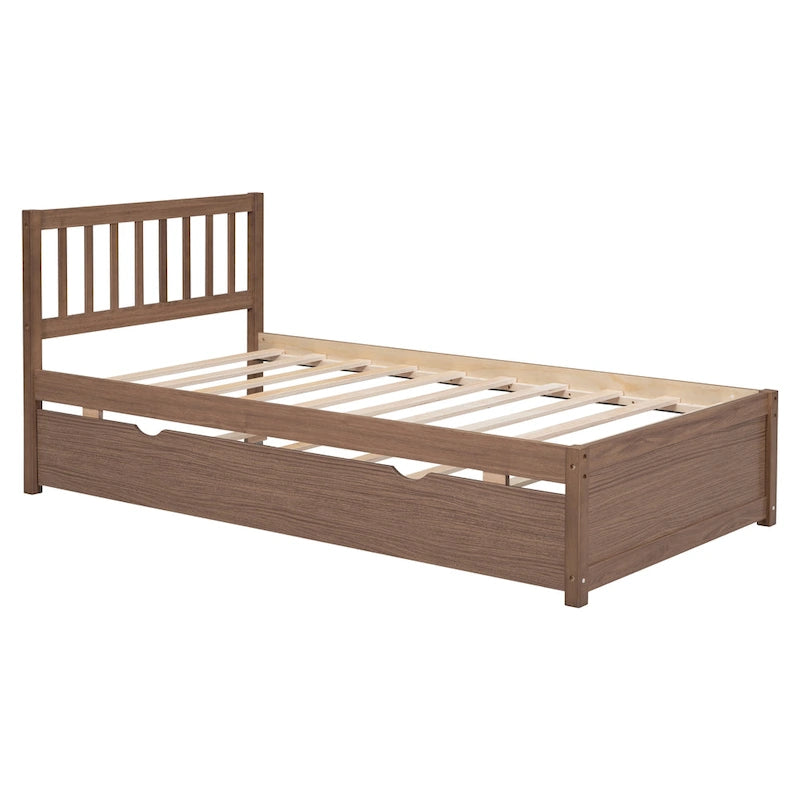 Letto a piattaforma in legno con finitura color noce e letto estraibile per materasso singolo