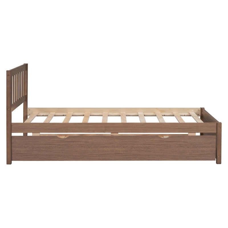 Letto a piattaforma in legno con finitura color noce e letto estraibile per materasso singolo