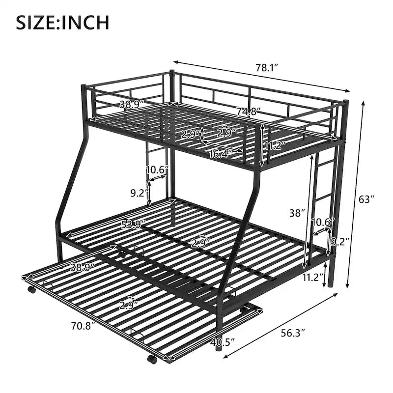 Etagenbett mit Einzelbett über Vollbett, stabilem Stahlrahmen und Ausziehbett