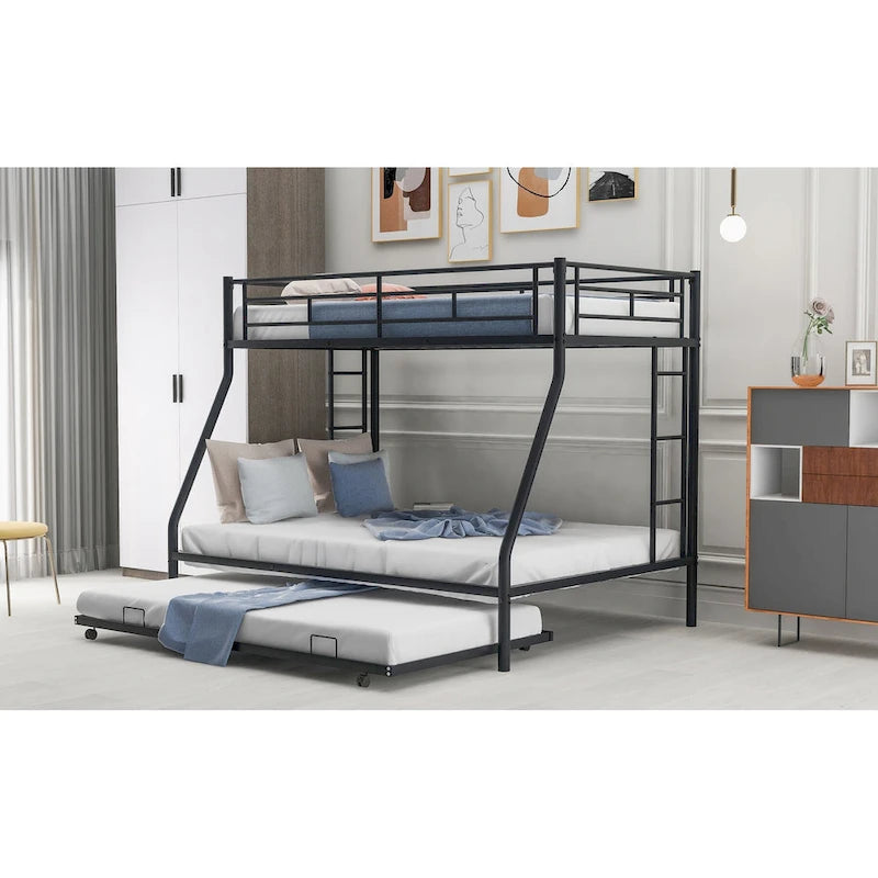 Etagenbett mit Einzelbett über Vollbett, stabilem Stahlrahmen und Ausziehbett