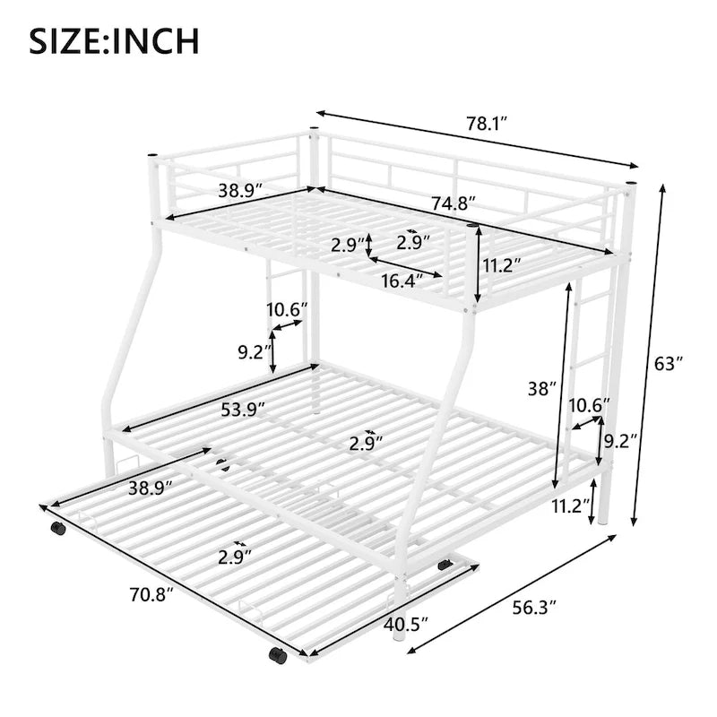 Etagenbett mit Einzelbett über Vollbett, stabilem Stahlrahmen und Ausziehbett