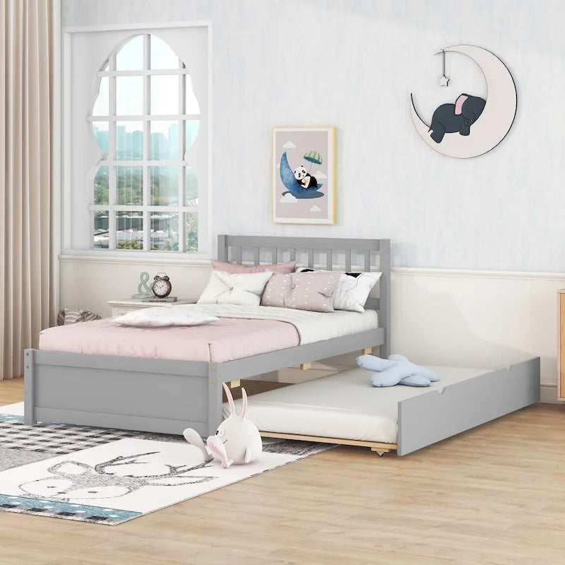 Letto con base a doghe in legno grigio con letto estraibile, singolo