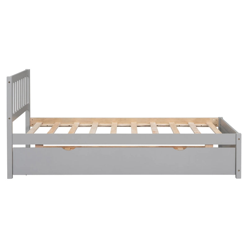 Letto con base a doghe in legno grigio con letto estraibile, singolo