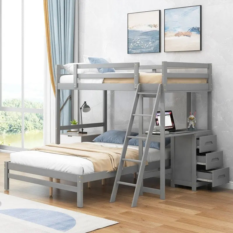 Letto a castello con letto superiore singolo e inferiore matrimoniale, scrivania integrata e 3 cassetti