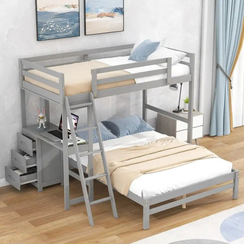 Letto a castello con letto superiore singolo e inferiore matrimoniale, scrivania integrata e 3 cassetti