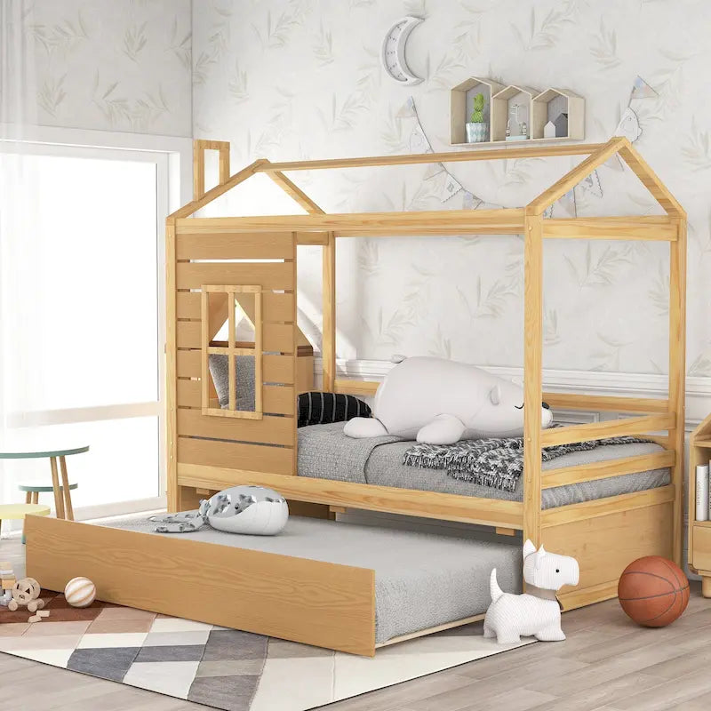Lit en bois double style maison avec lit gigogne