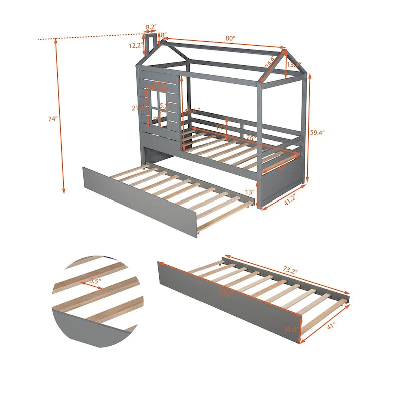 Lit en bois double style maison avec lit gigogne