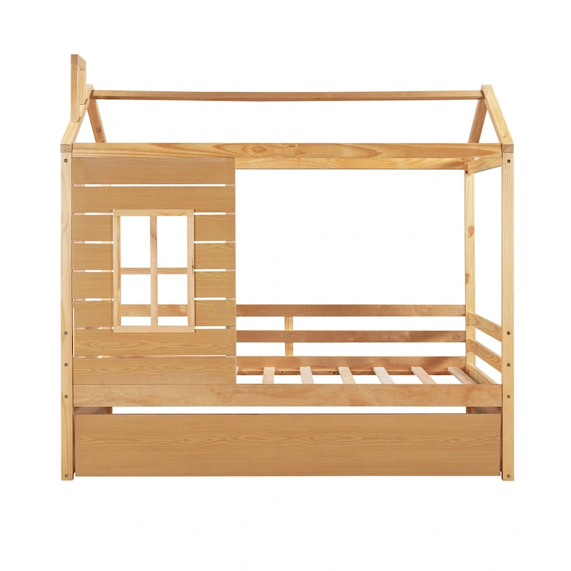 Lit en bois double style maison avec lit gigogne
