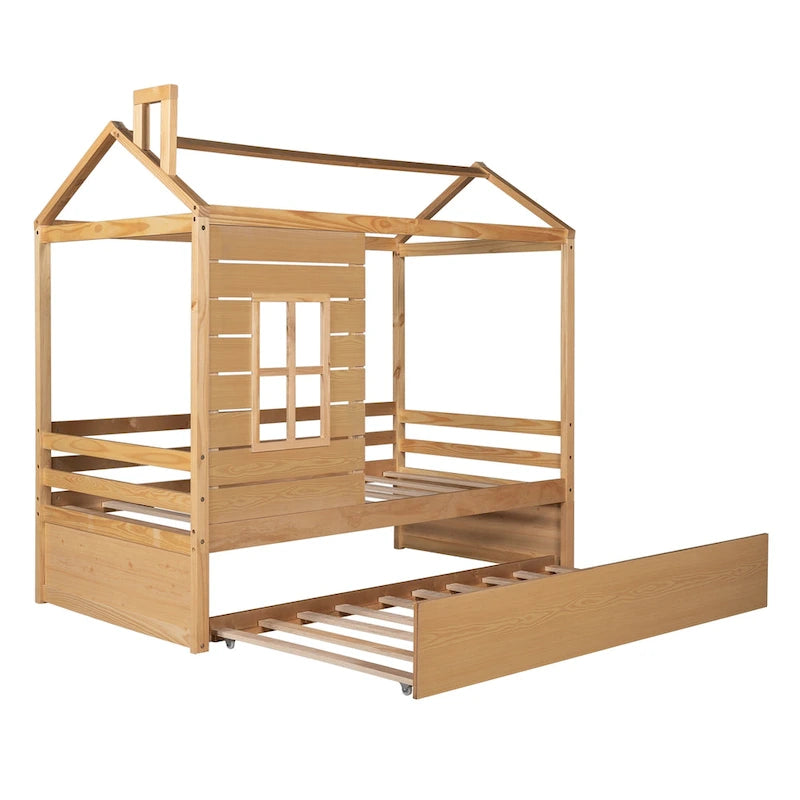 Lit en bois double style maison avec lit gigogne