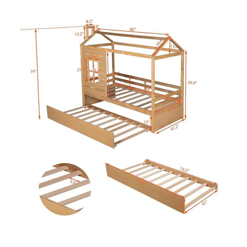 Lit en bois double style maison avec lit gigogne