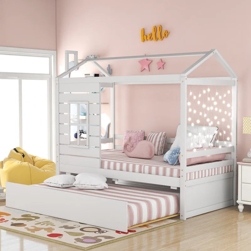Lit en bois double style maison avec lit gigogne