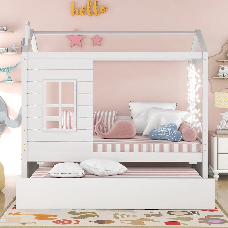Lit en bois double style maison avec lit gigogne