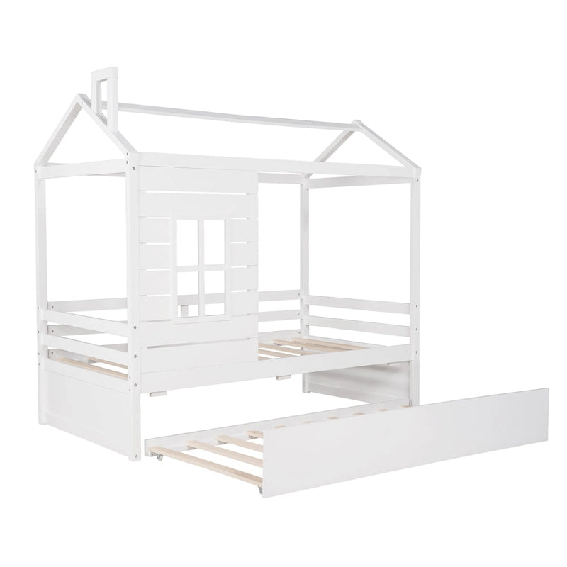 Lit en bois double style maison avec lit gigogne
