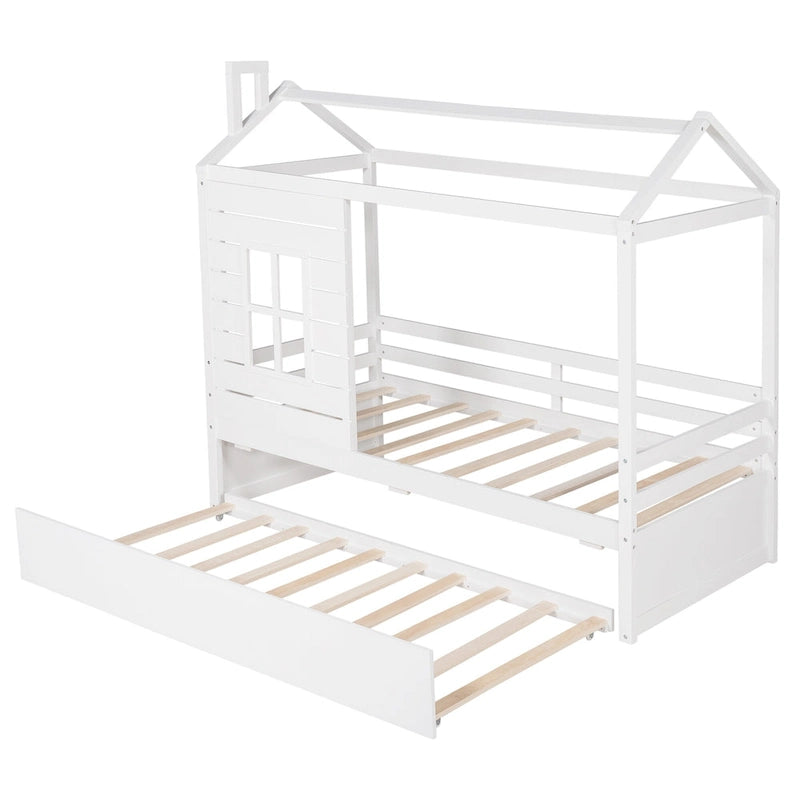 Lit en bois double style maison avec lit gigogne