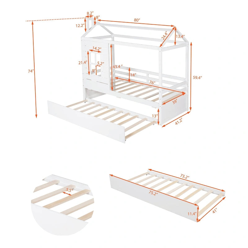 Lit en bois double style maison avec lit gigogne