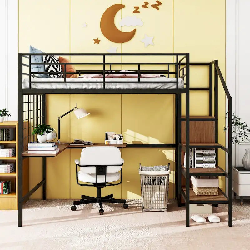 Full Size Metal Loft Bed with Desk and, Stylish Metal Frame with Lateral Storage Ladder and Wardrobe, Black