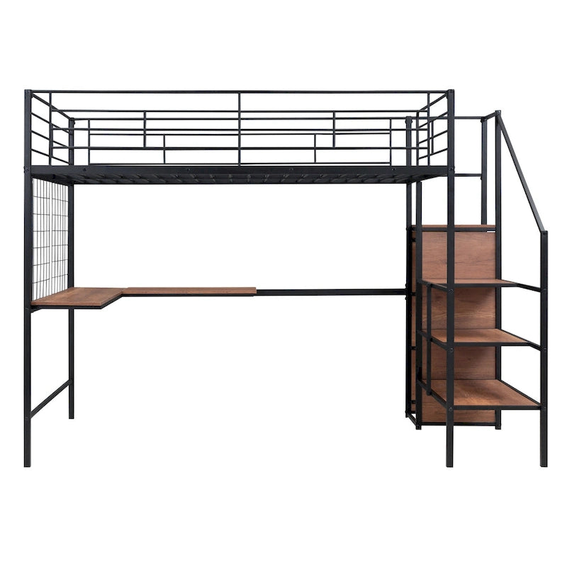 Hochbett aus Metall in voller Größe mit Schreibtisch und stilvollem Metallrahmen, seitlicher Aufbewahrungsleiter und Kleiderschrank, Schwarz