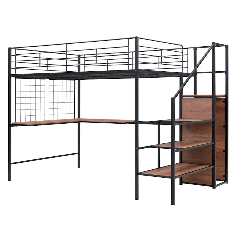 Hochbett aus Metall in voller Größe mit Schreibtisch und stilvollem Metallrahmen, seitlicher Aufbewahrungsleiter und Kleiderschrank, Schwarz