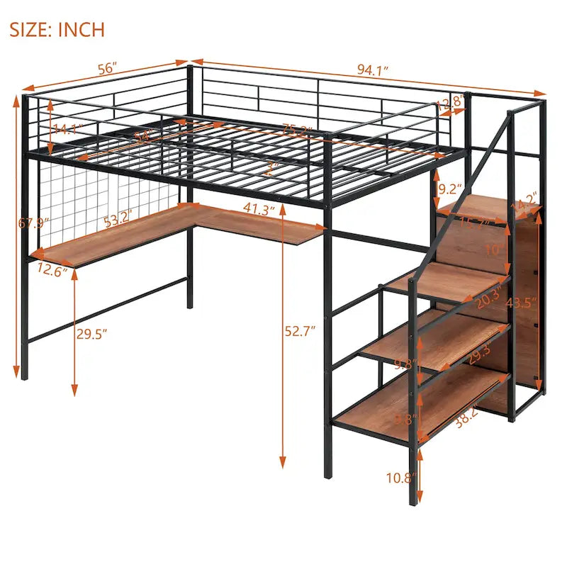 Hochbett aus Metall in voller Größe mit Schreibtisch und stilvollem Metallrahmen, seitlicher Aufbewahrungsleiter und Kleiderschrank, Schwarz