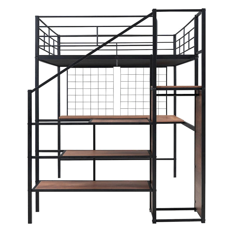 Hochbett aus Metall in voller Größe mit Schreibtisch und stilvollem Metallrahmen, seitlicher Aufbewahrungsleiter und Kleiderschrank, Schwarz