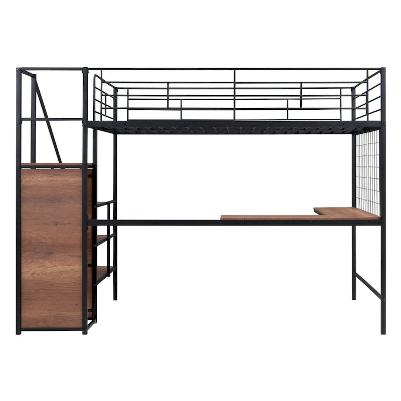 Hochbett aus Metall in voller Größe mit Schreibtisch und stilvollem Metallrahmen, seitlicher Aufbewahrungsleiter und Kleiderschrank, Schwarz