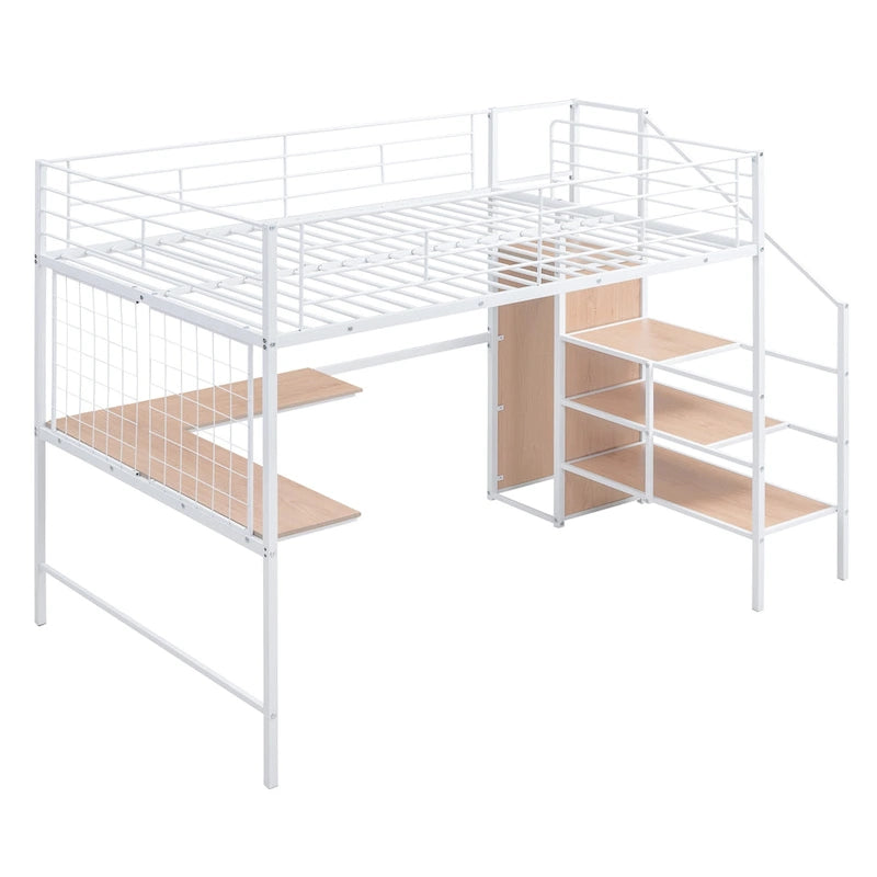 Hochbett aus Metall in voller Größe mit Schreibtisch und stilvollem Metallrahmen, seitlicher Aufbewahrungsleiter und Kleiderschrank, Schwarz