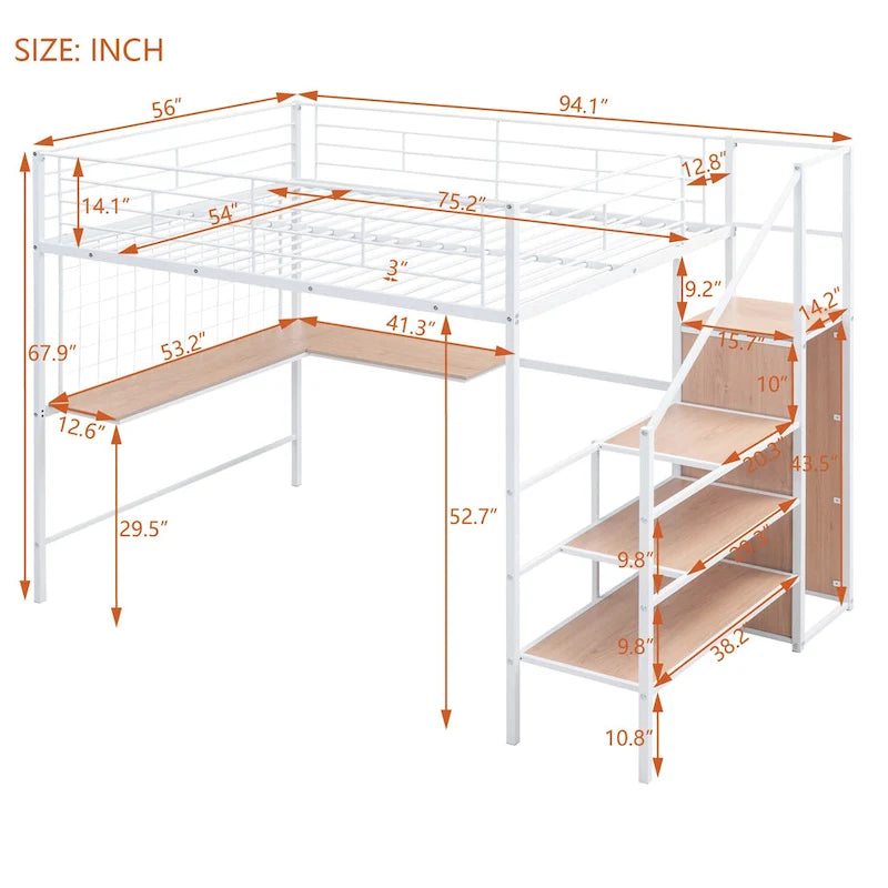 Hochbett aus Metall in voller Größe mit Schreibtisch und stilvollem Metallrahmen, seitlicher Aufbewahrungsleiter und Kleiderschrank, Schwarz