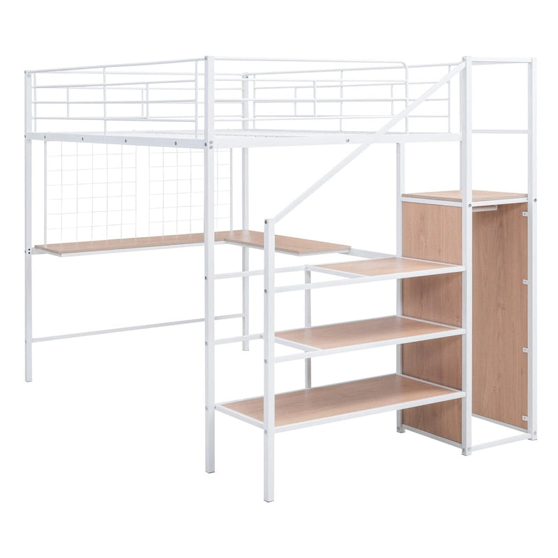 Hochbett aus Metall in voller Größe mit Schreibtisch und stilvollem Metallrahmen, seitlicher Aufbewahrungsleiter und Kleiderschrank, Schwarz