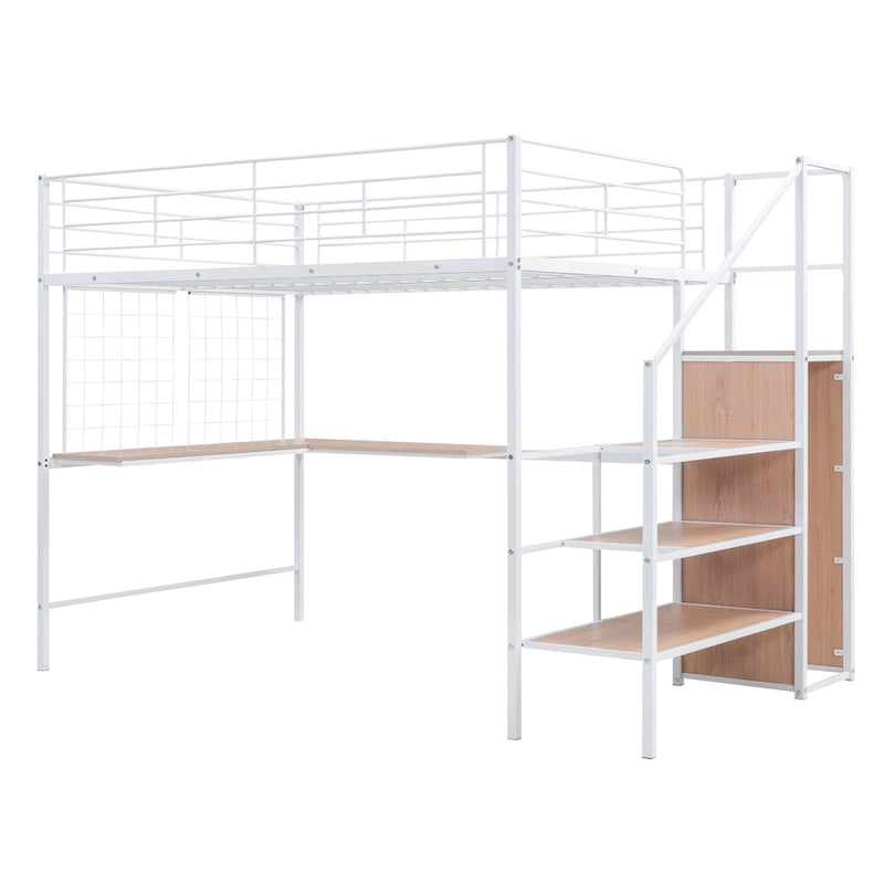 Hochbett aus Metall in voller Größe mit Schreibtisch und stilvollem Metallrahmen, seitlicher Aufbewahrungsleiter und Kleiderschrank, Schwarz