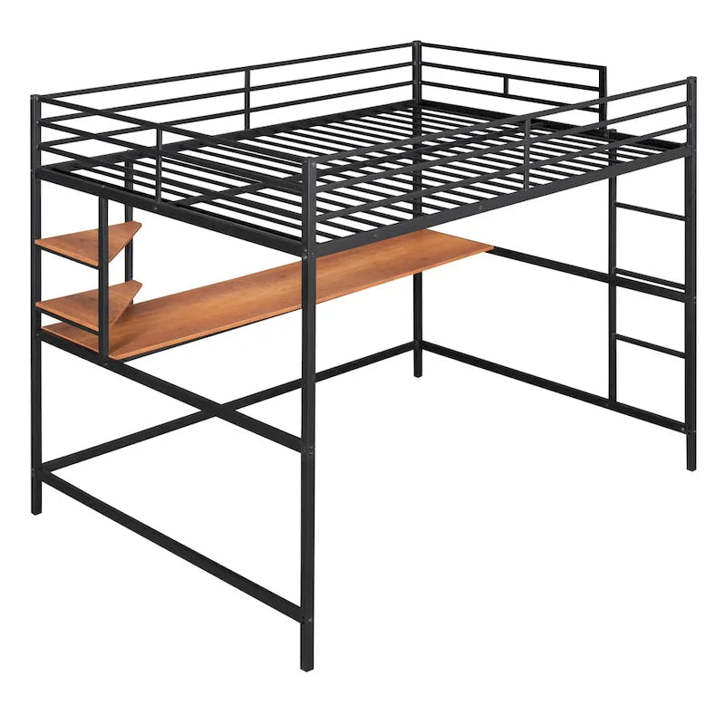 Metall-Hochbett in Full-Größe mit Schreibtisch und Regal, Schwarz