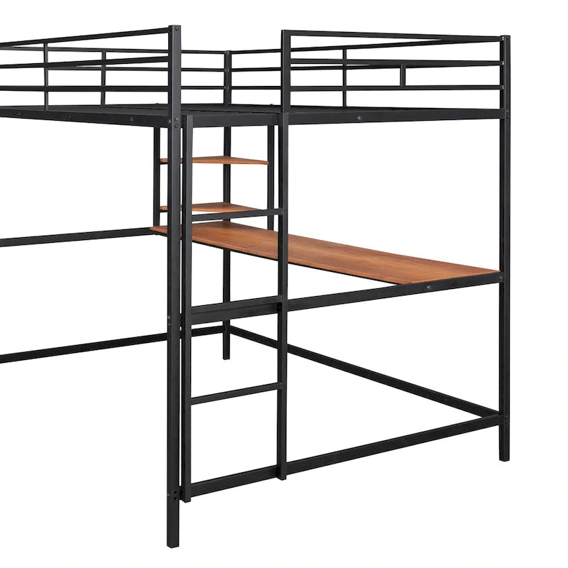 Metall-Hochbett in Full-Größe mit Schreibtisch und Regal, Schwarz