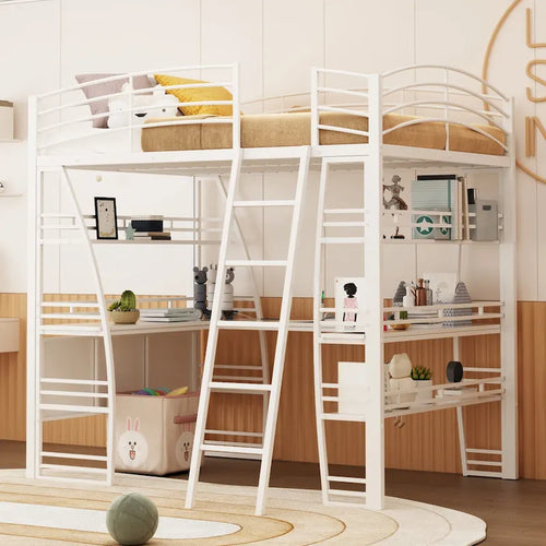Full Size Loft Bed with 4 Layers of Shelves and L-shaped Desk, Stylish Metal Frame Bed USB Ports and Wireless Charging, White
