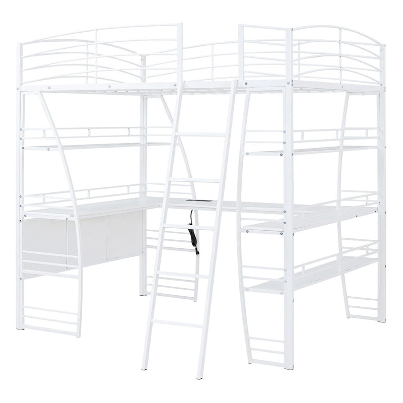 Hochbett in Full-Größe mit 4-stufigen Regalen und L-förmigem Schreibtisch, stilvolles Metallbett mit USB-Anschlüssen und kabellosem Laden, Weiß