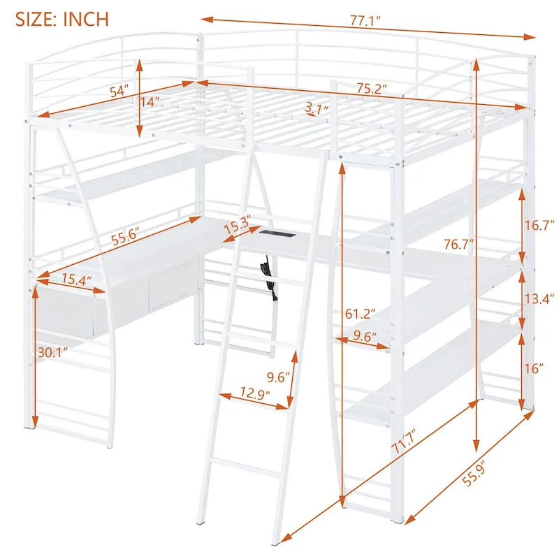 Hochbett in Full-Größe mit 4-stufigen Regalen und L-förmigem Schreibtisch, stilvolles Metallbett mit USB-Anschlüssen und kabellosem Laden, Weiß